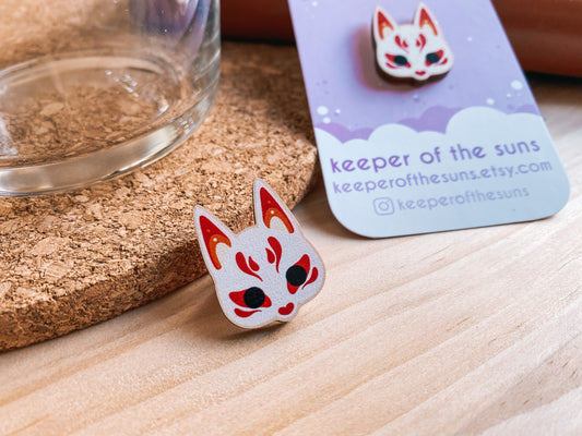 Kitsune Mask Pin | Sustainably Sourced & Recycled Printed Wood