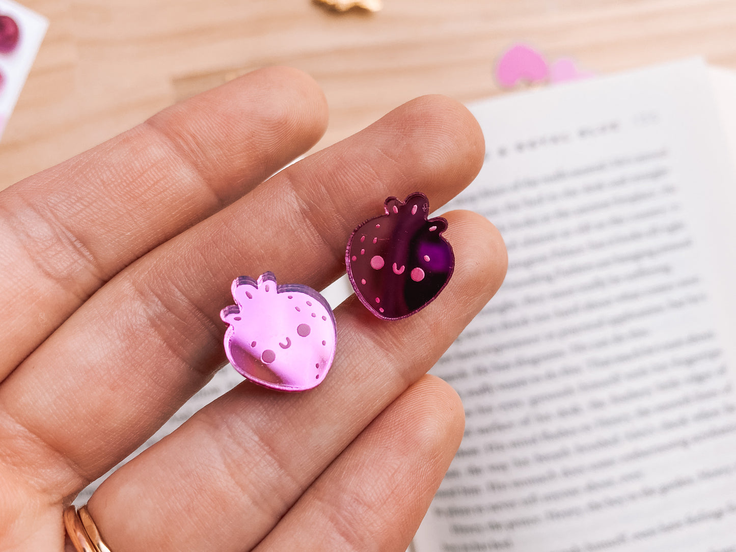 Tiny Strawberry Studs | Pink Mirror Acrylic Earrings